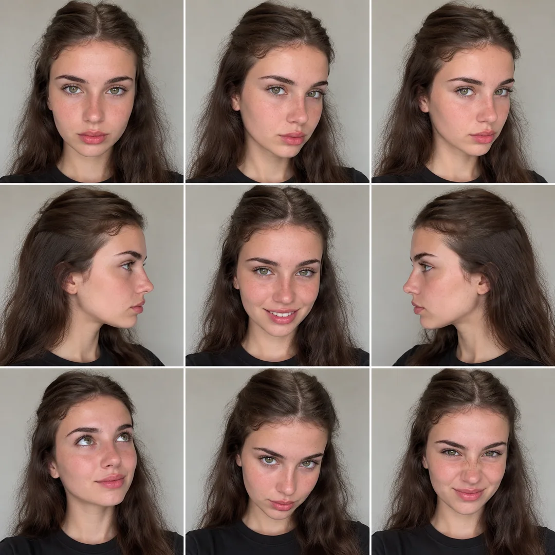 Generated nine-view character sheet showing facial angles, profiles and expressions