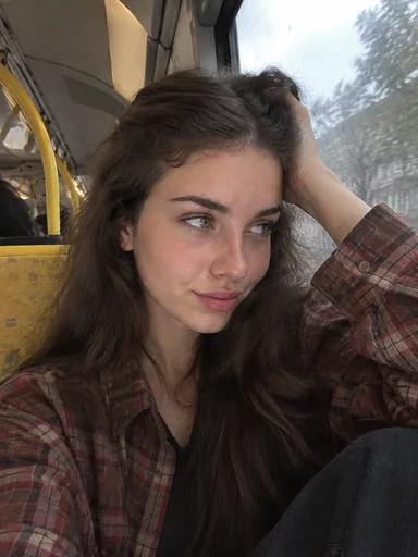 A window-seat portrait in a plaid shirt