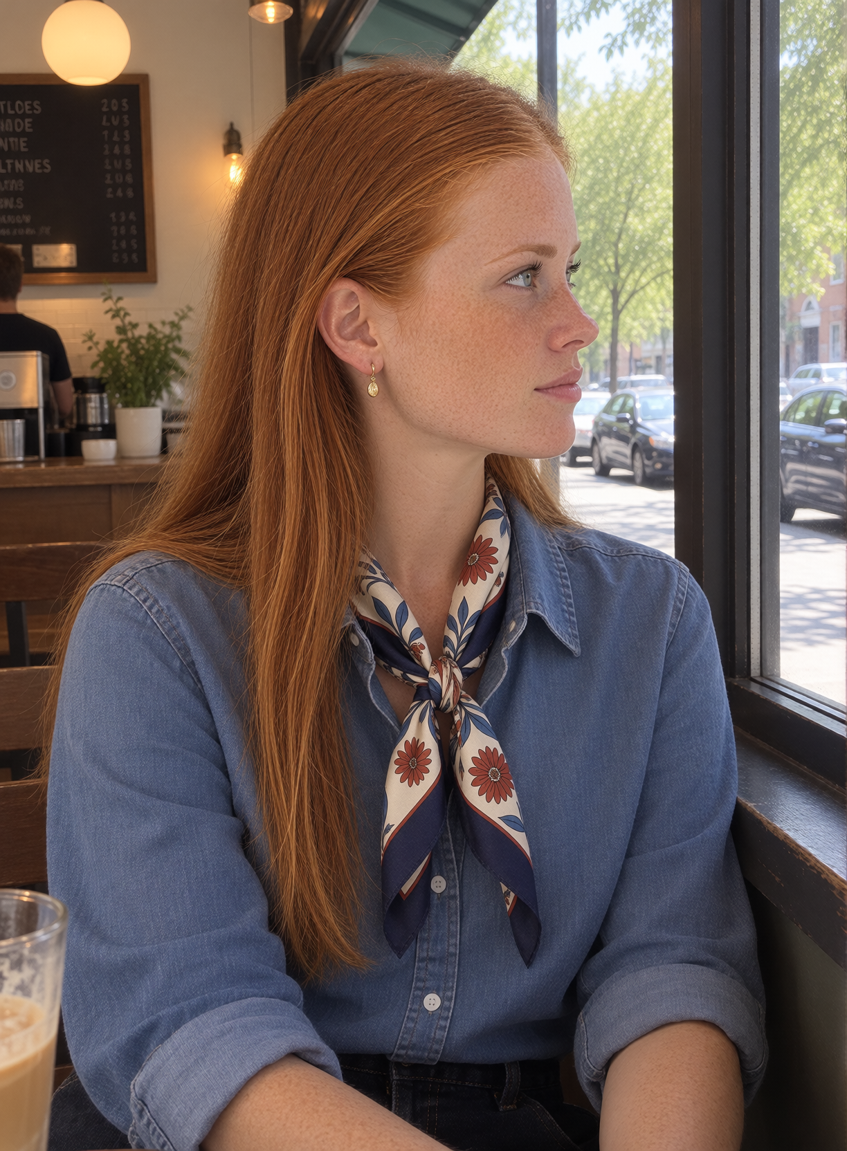 Chloe generated with her LoRA, in profile at a café wearing denim and a neck scarf